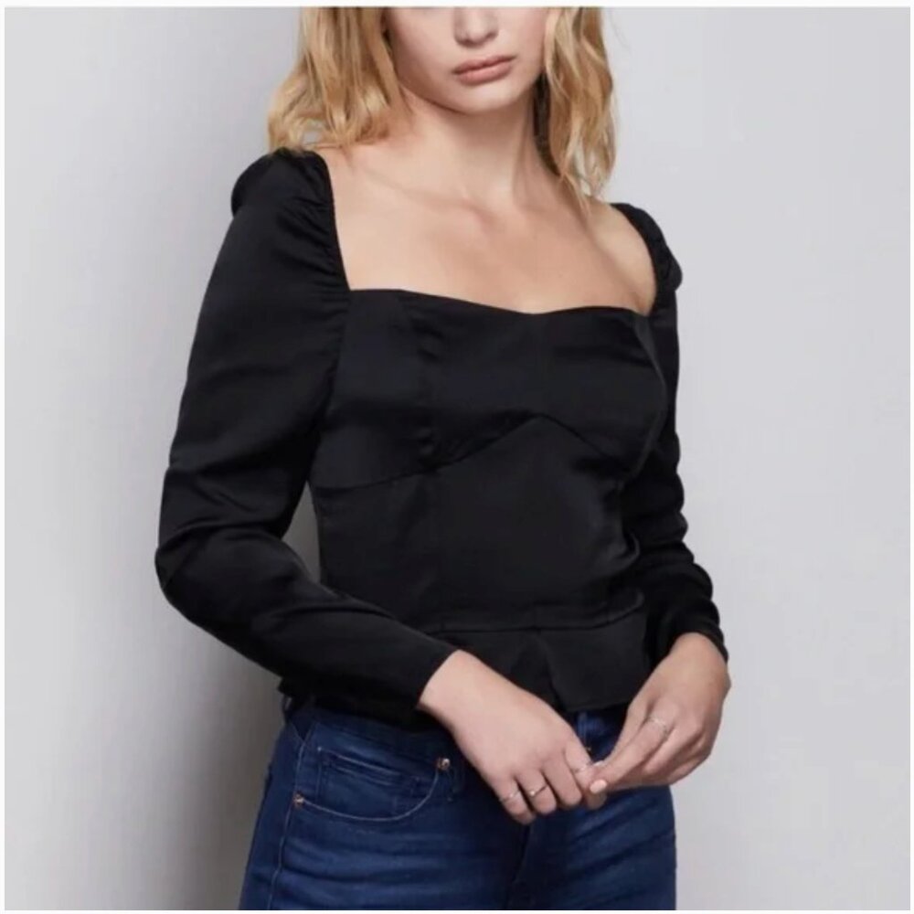 GOOD AMERICAN Too Tempted Satin Corset Blouse Top Sweetheart Neck Black Sz XS